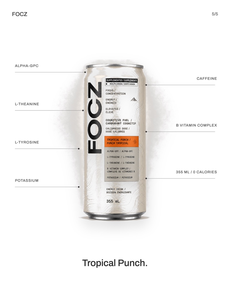 FOCZ Tropical Punch energy drink can — 120 mg caffeine, zero sugar, Alpha-GPC, L-tyrosine, L-theanine